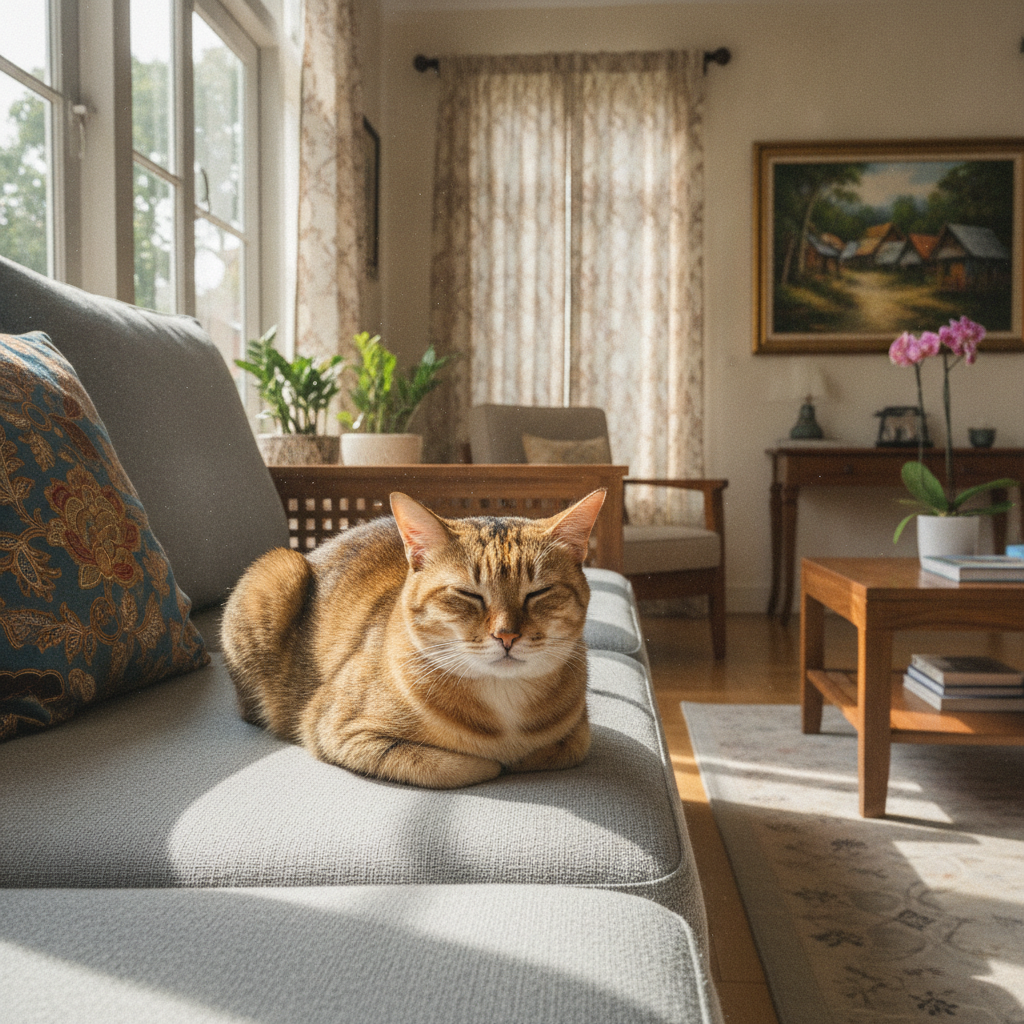 A cat resting calmly in a loaf position