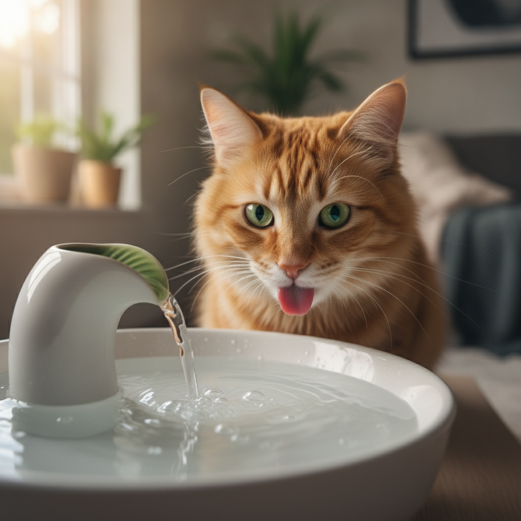 Kucing minum dari air pancut yang mengalir perlahan