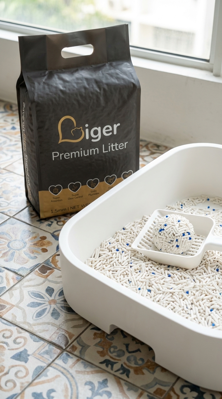 Liger Premium tofu cat litter peket 2kg di sebelah kotak litter yang menunjukkan ketulan air kencing yang teguh