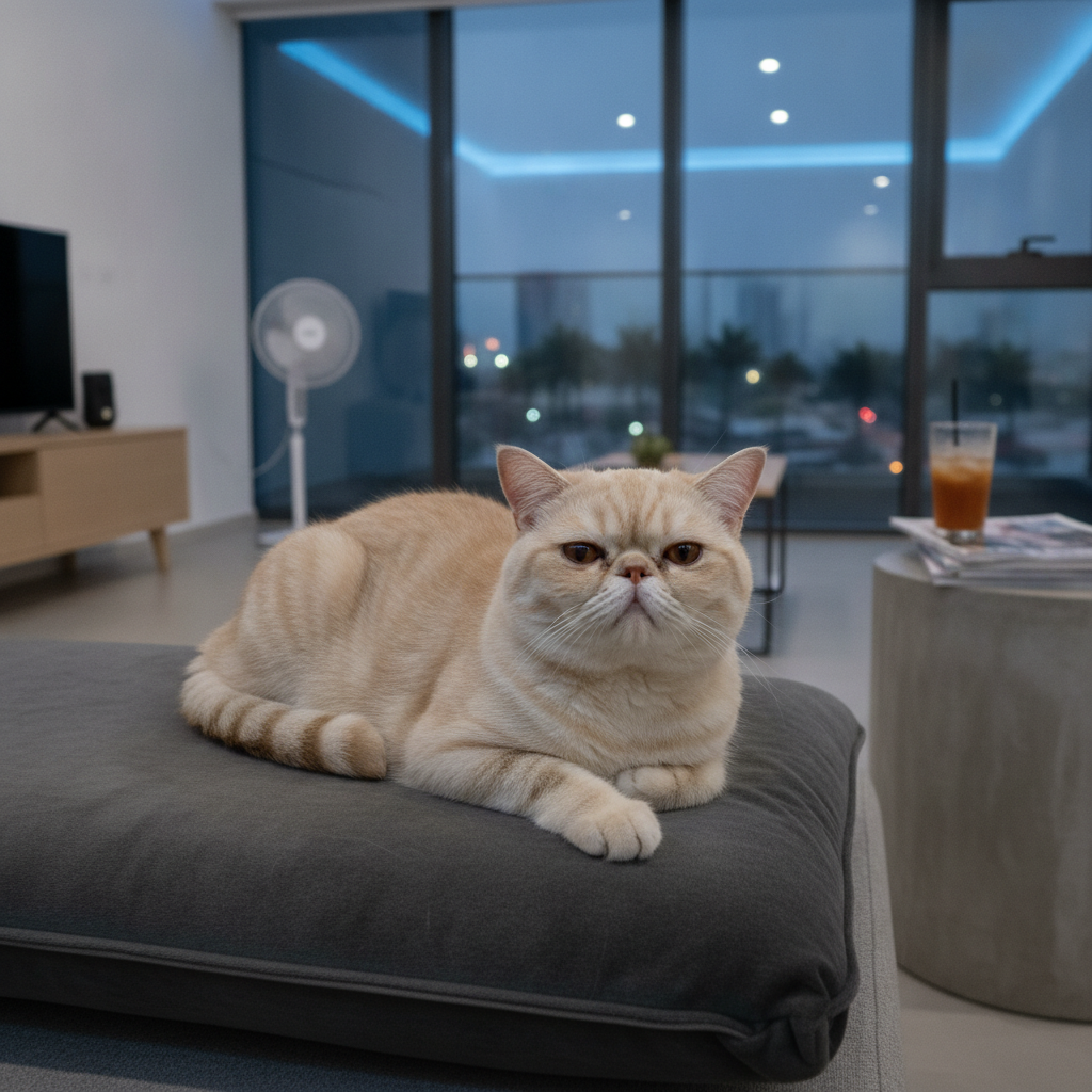 A flat-faced Exotic Shorthair cat with a short plush coat resting indoors in a cool Malaysian home