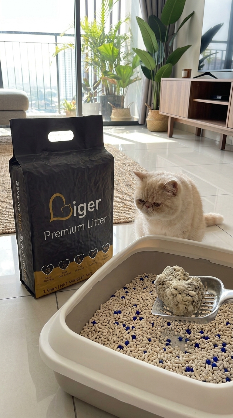 Liger low-dust tofu cat litter beside a litter box, suited to a flat-faced Exotic Shorthair