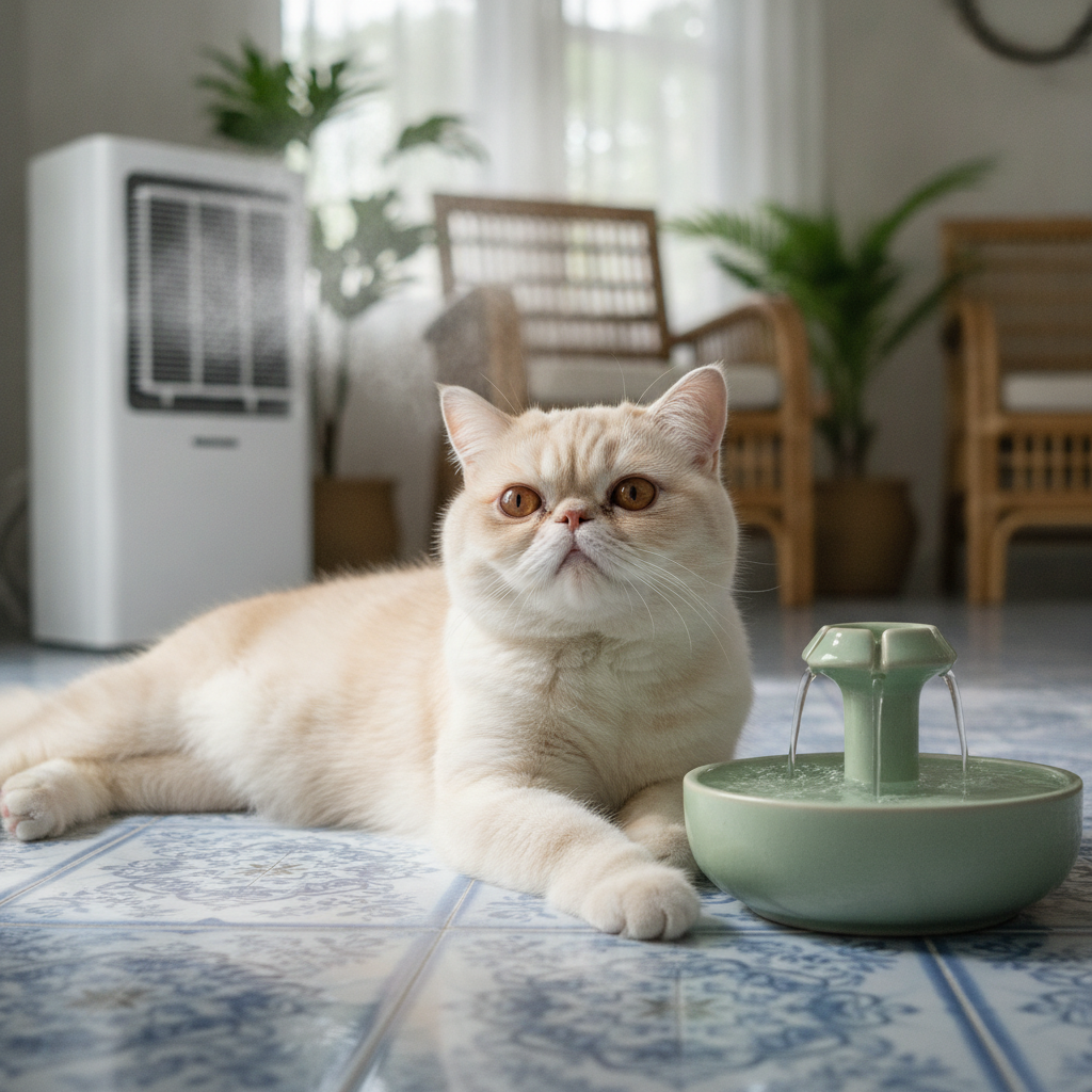 An Exotic Shorthair staying cool near air-conditioning and a water fountain in Malaysia