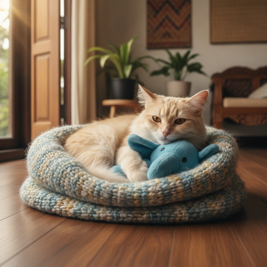 Seekor kucing betina yang tenang meringkuk melindungi mainan berbulu dalam sarang selimut