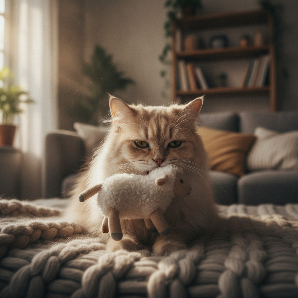 Seekor kucing betina meringkuk bersama mainan berbulu kecil seolah-olah membelainya
