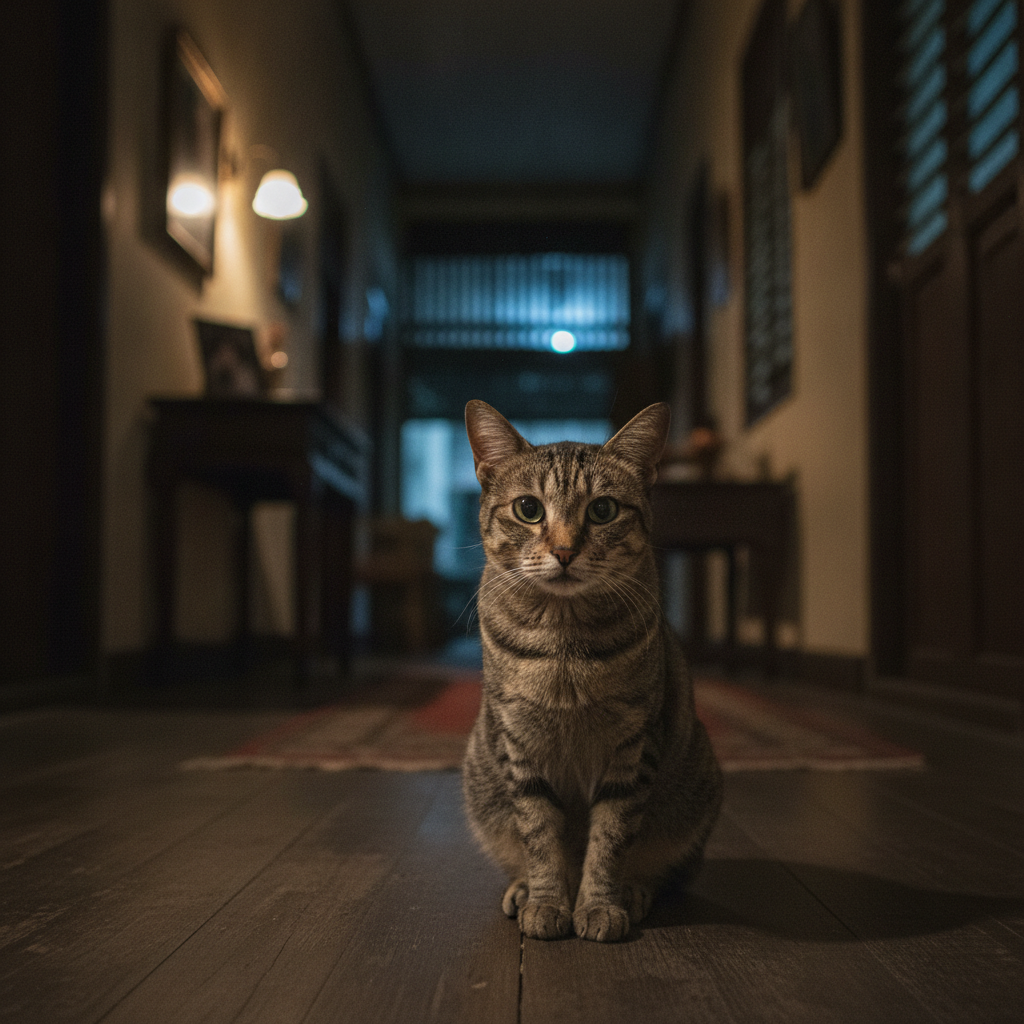 Seekor kucing tua duduk berwaspada di lorong rumah yang malap pada waktu malam