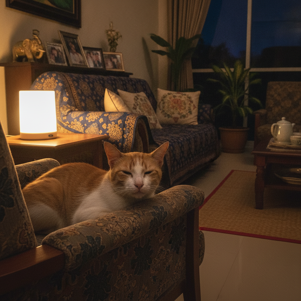Seekor kucing tua berehat dengan tenang di ruang tamu yang selesa dan terang lembut