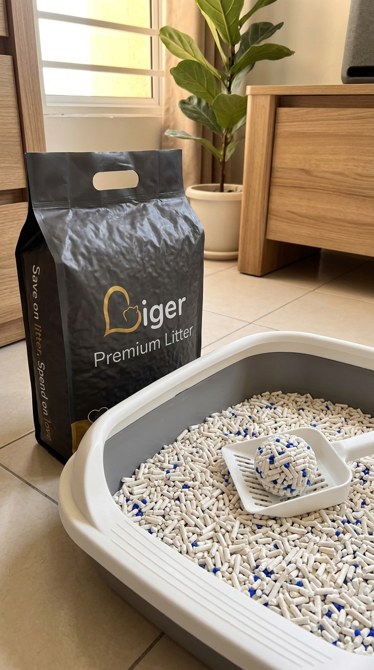 Bungkusan Liger Premium Tofu Cat Litter di sebelah kotak pasir pintu masuk rendah untuk kucing tua