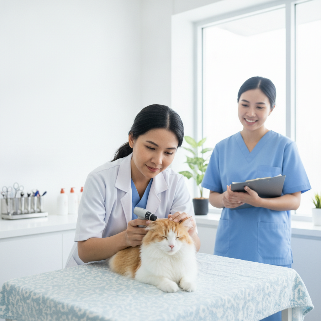 Seorang veterinar memeriksa kucing tua dengan lembut di atas meja klinik