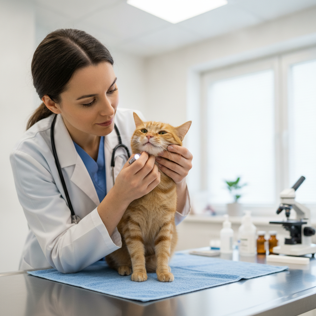 兽医轻柔检查猫咪牙龈和眼睛是否出现黄疸(jaundice),调查肝脏疾病