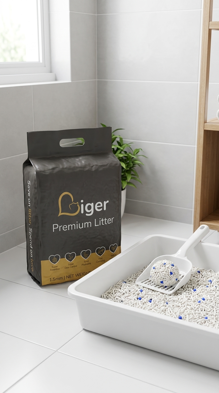 Liger Premium Tofu Cat Litter猫砂袋摆在干净的猫砂盆旁,用于监测猫咪每日排泄情况