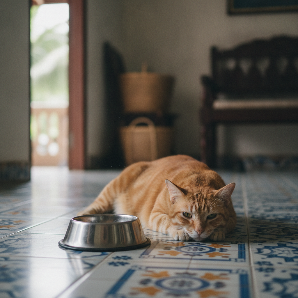 一只超重的猫趴在未动过的食碗旁边,是脂肪肝高风险的写照