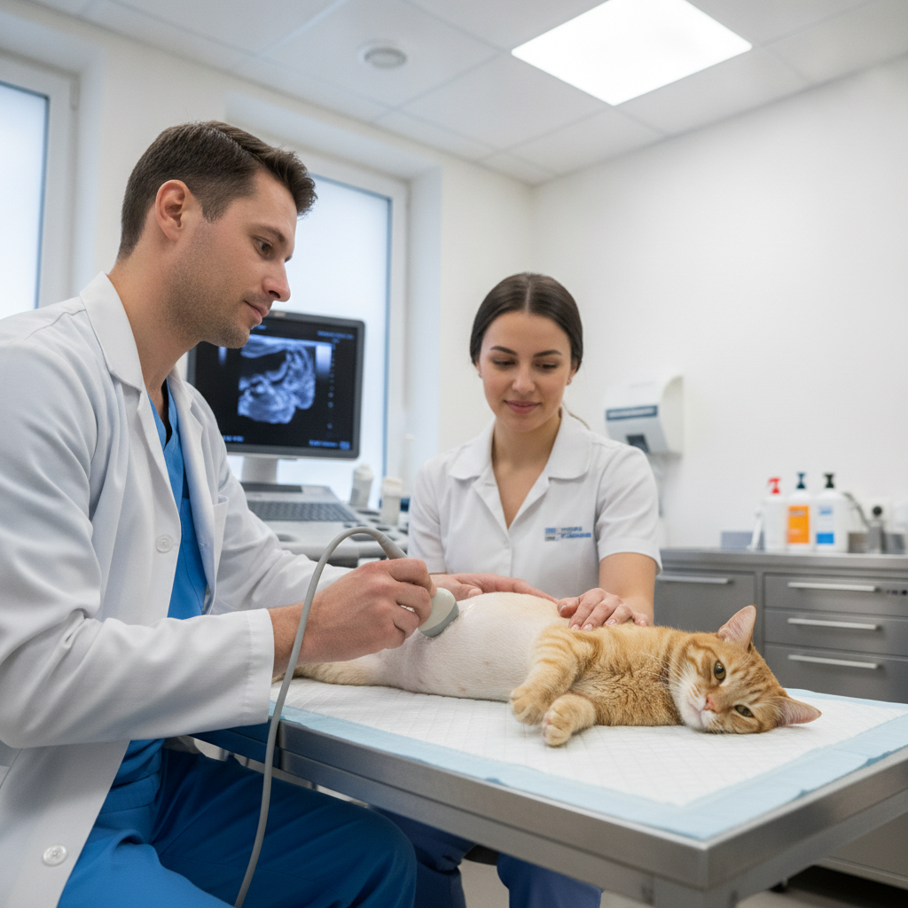 A vet performing an abdominal ultrasound on a cat to investigate IBD