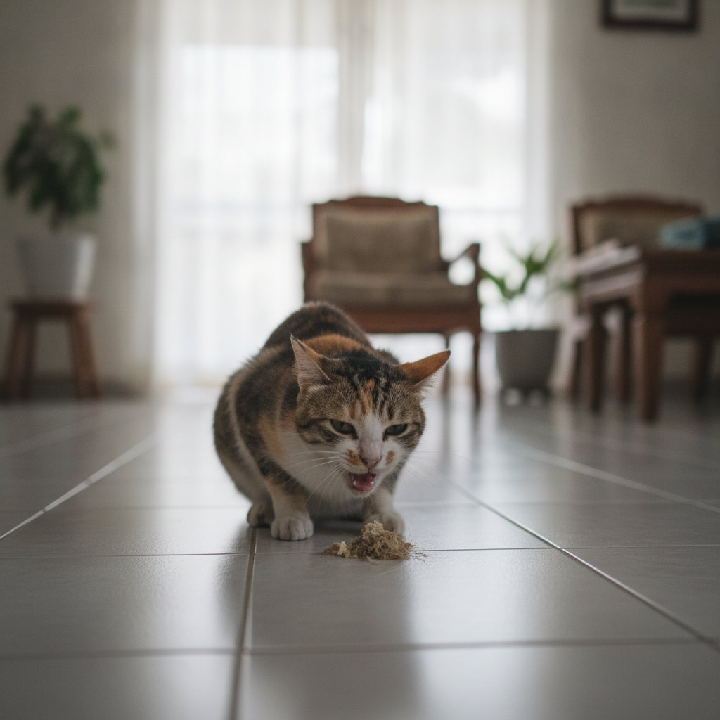 A cat retching and vomiting, which can be a sign of chronic IBD not just hairballs