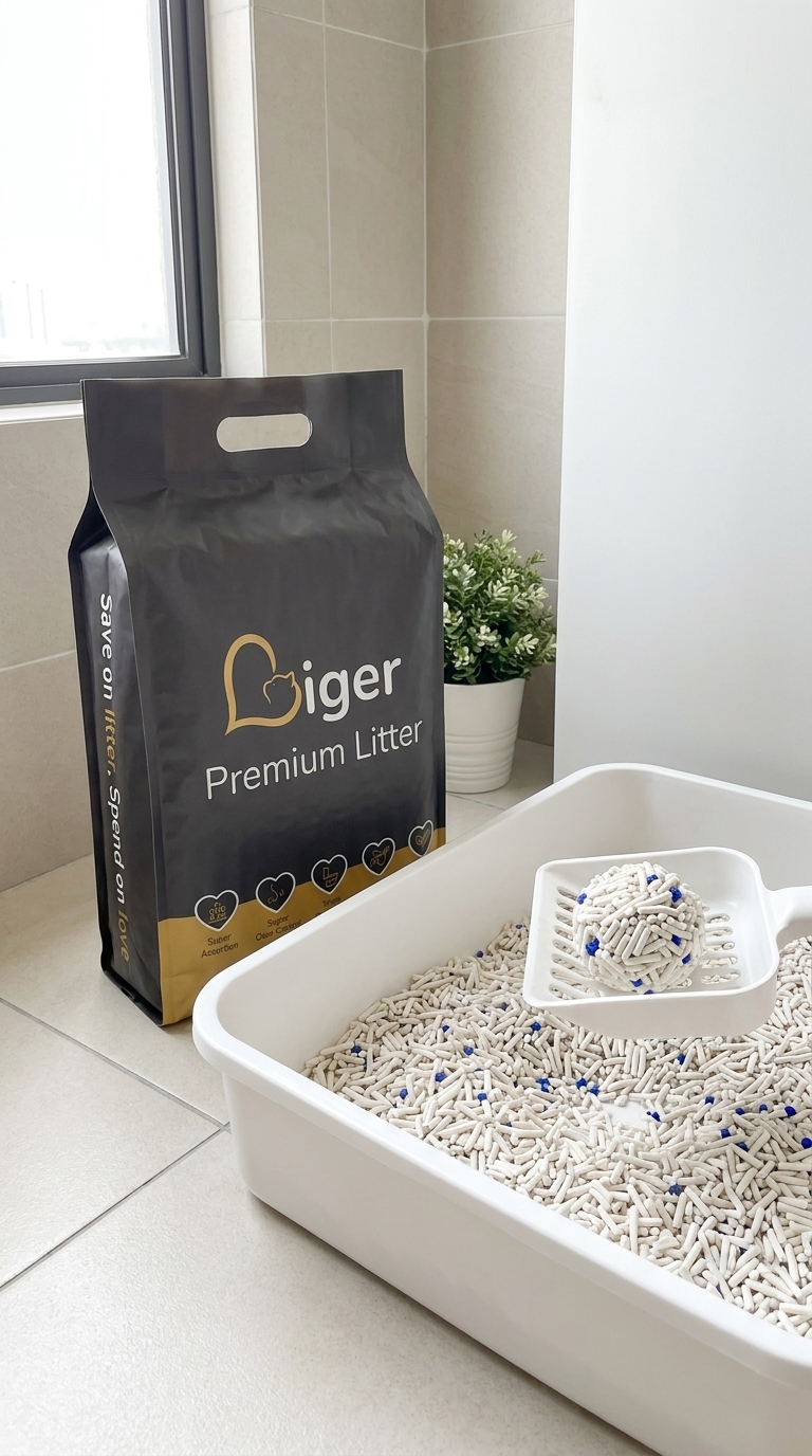 A Liger tofu cat litter pouch beside a clean litter tray for daily monitoring of an IBD cat's stool