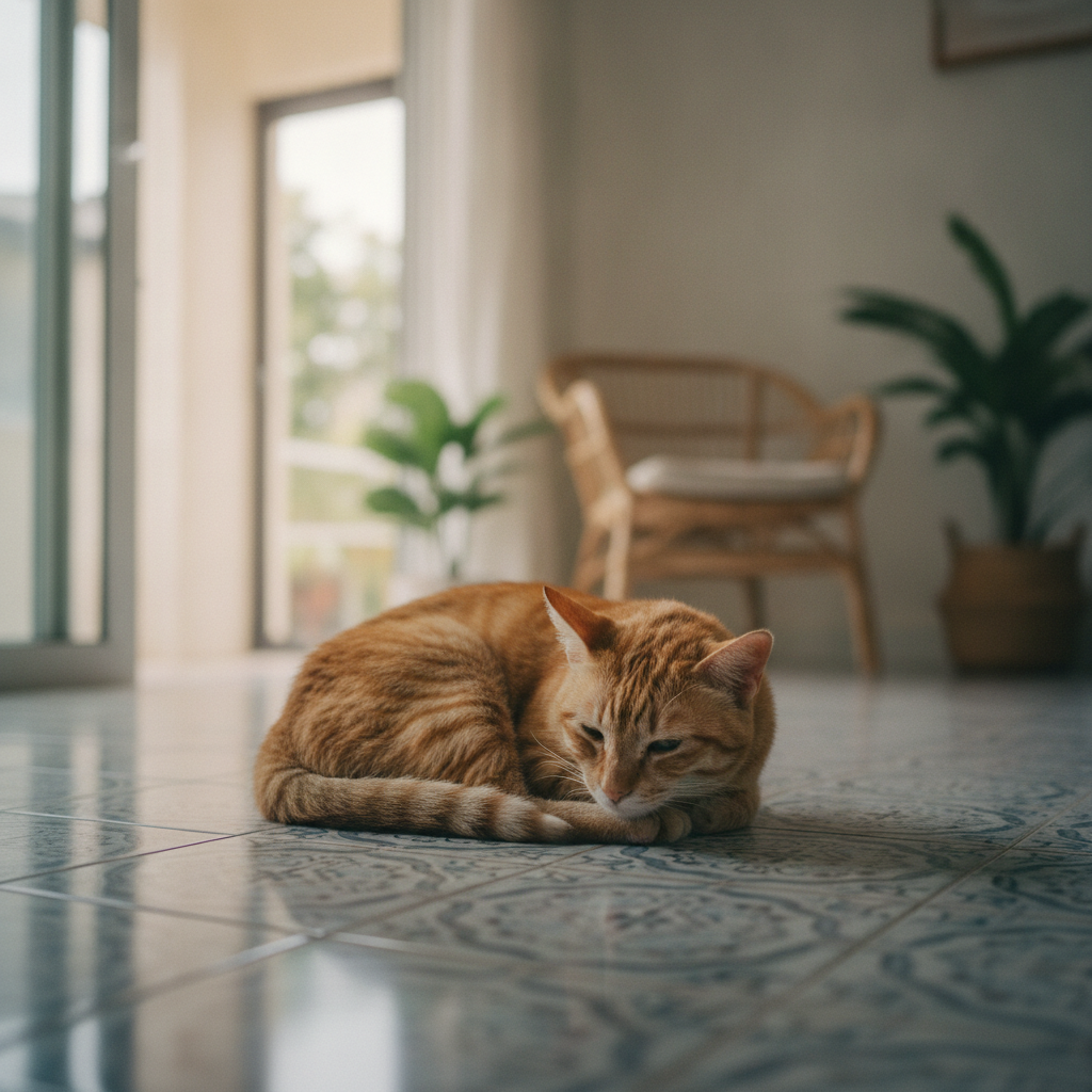 Seekor kucing yang murung dan tidak sihat berbaring rendah, mencerminkan tanda-tanda senyap pankreatitis