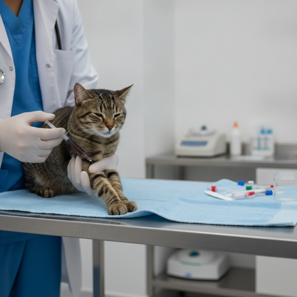 Doktor haiwan mengambil sampel darah dari kucing untuk menjalankan ujian pankreatitis Spec fPL