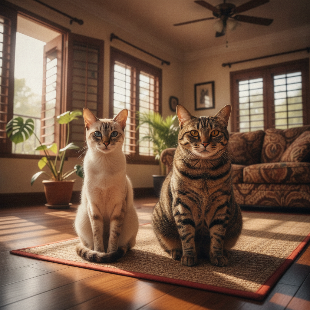 Dua ekor kucing duduk berdampingan di dalam rumah yang cerah