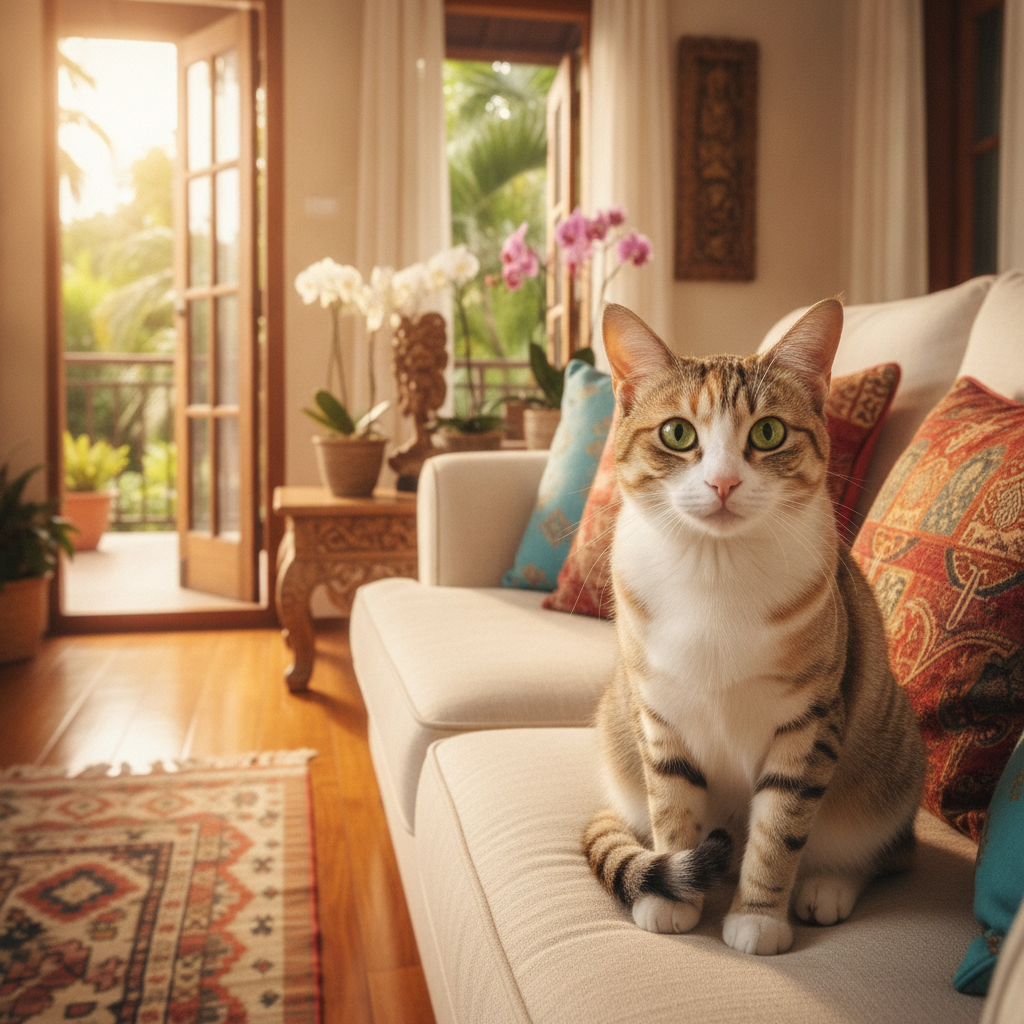 Seekor kucing tabby yang mesra duduk di atas sofa