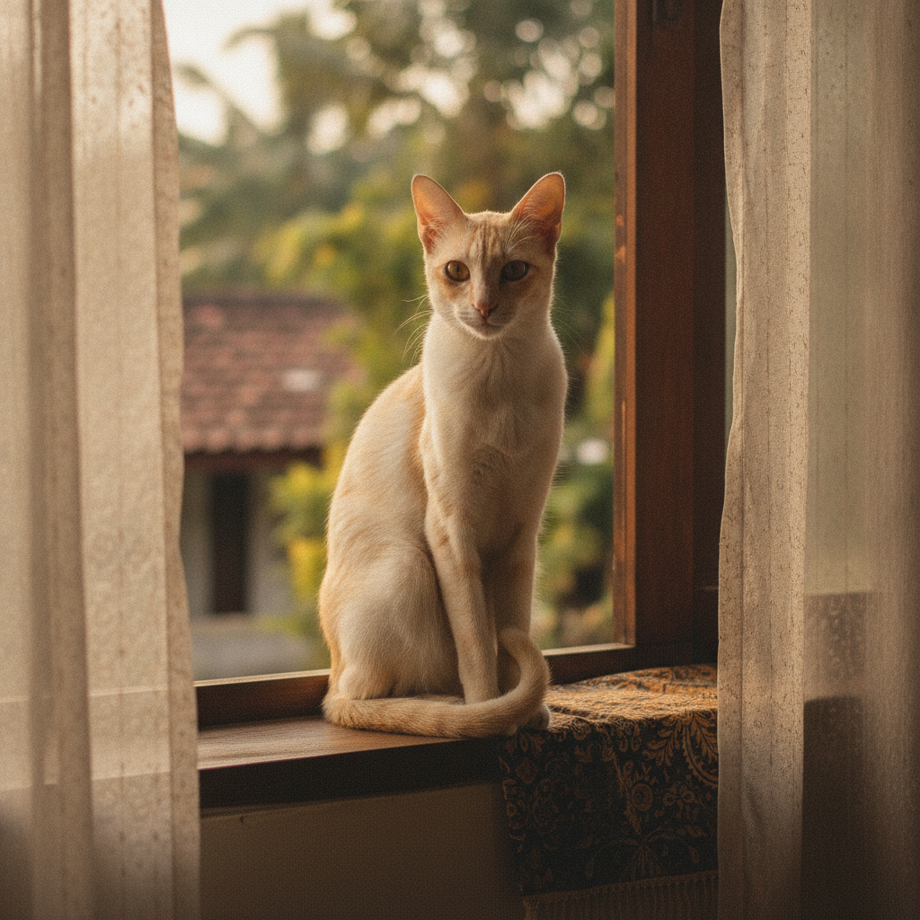 Seekor kucing betina yang anggun duduk dengan elegan dalam cahaya lembut