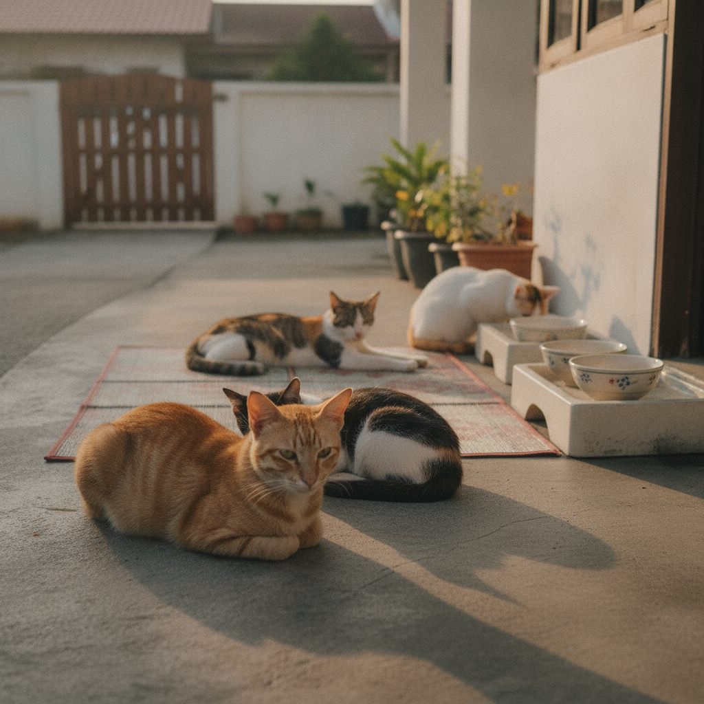 Kucing komuniti yang sihat berehat di kawasan perumahan Malaysia, seekor dengan tanda ear-tip