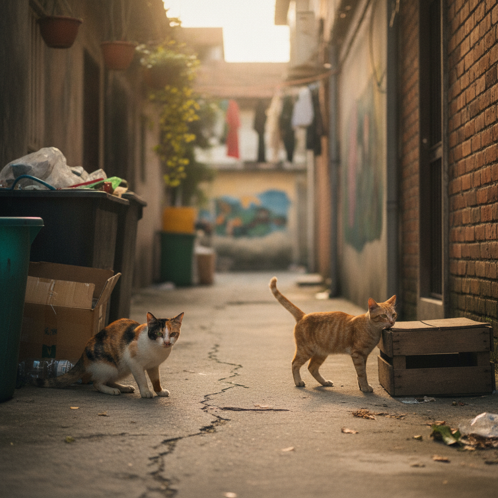 A cautious feral cat and a relaxed stray cat outdoors