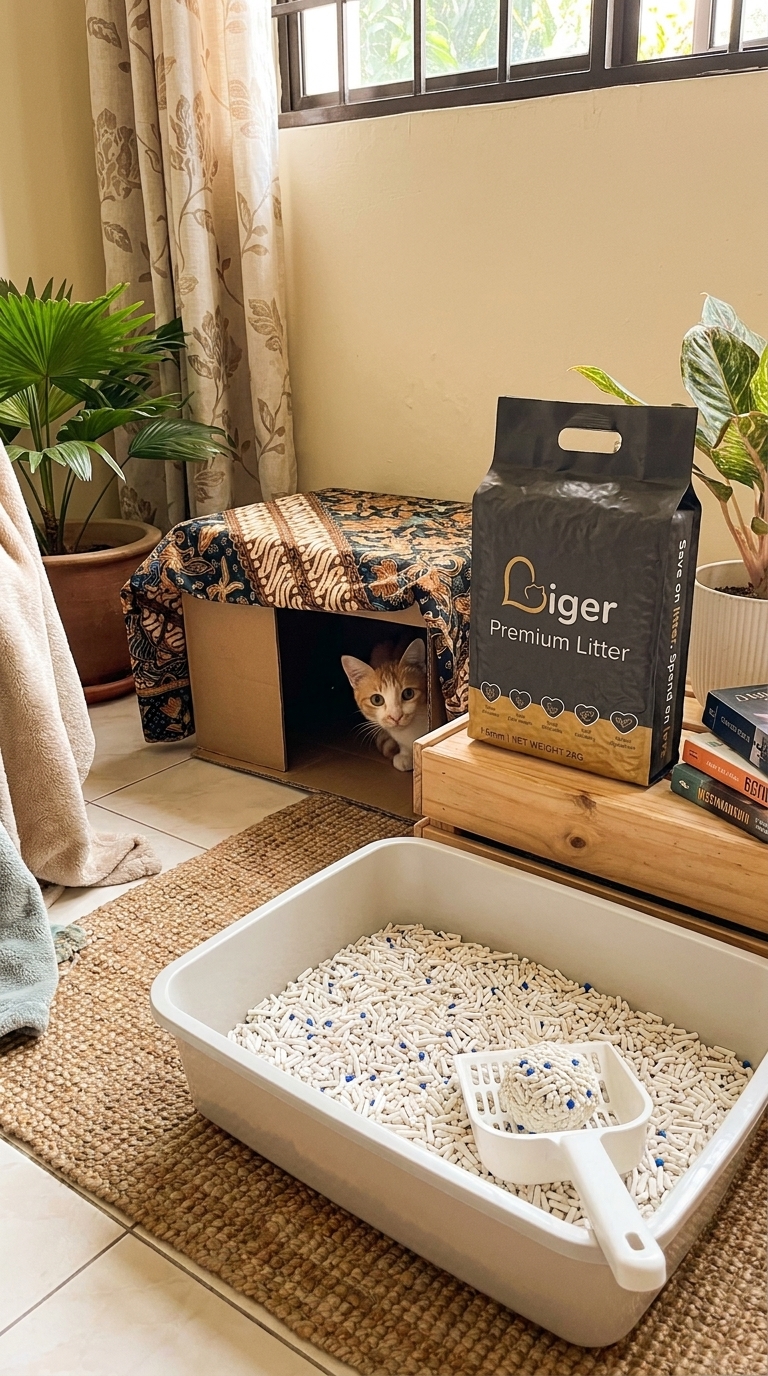 A quiet foster room setup with a clean litter box and a bag of Liger tofu cat litter