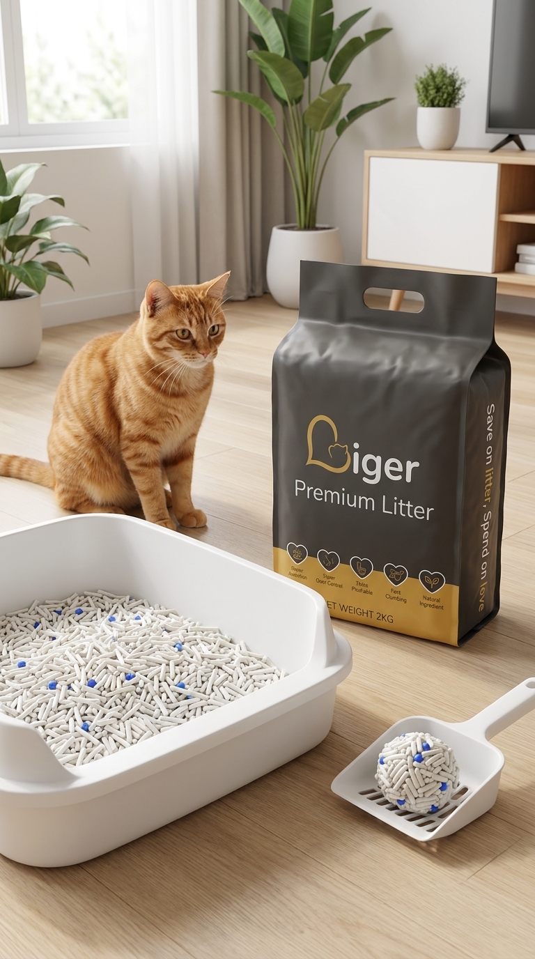 整洁家居中猫砂盆旁放着Liger豆腐猫砂包装