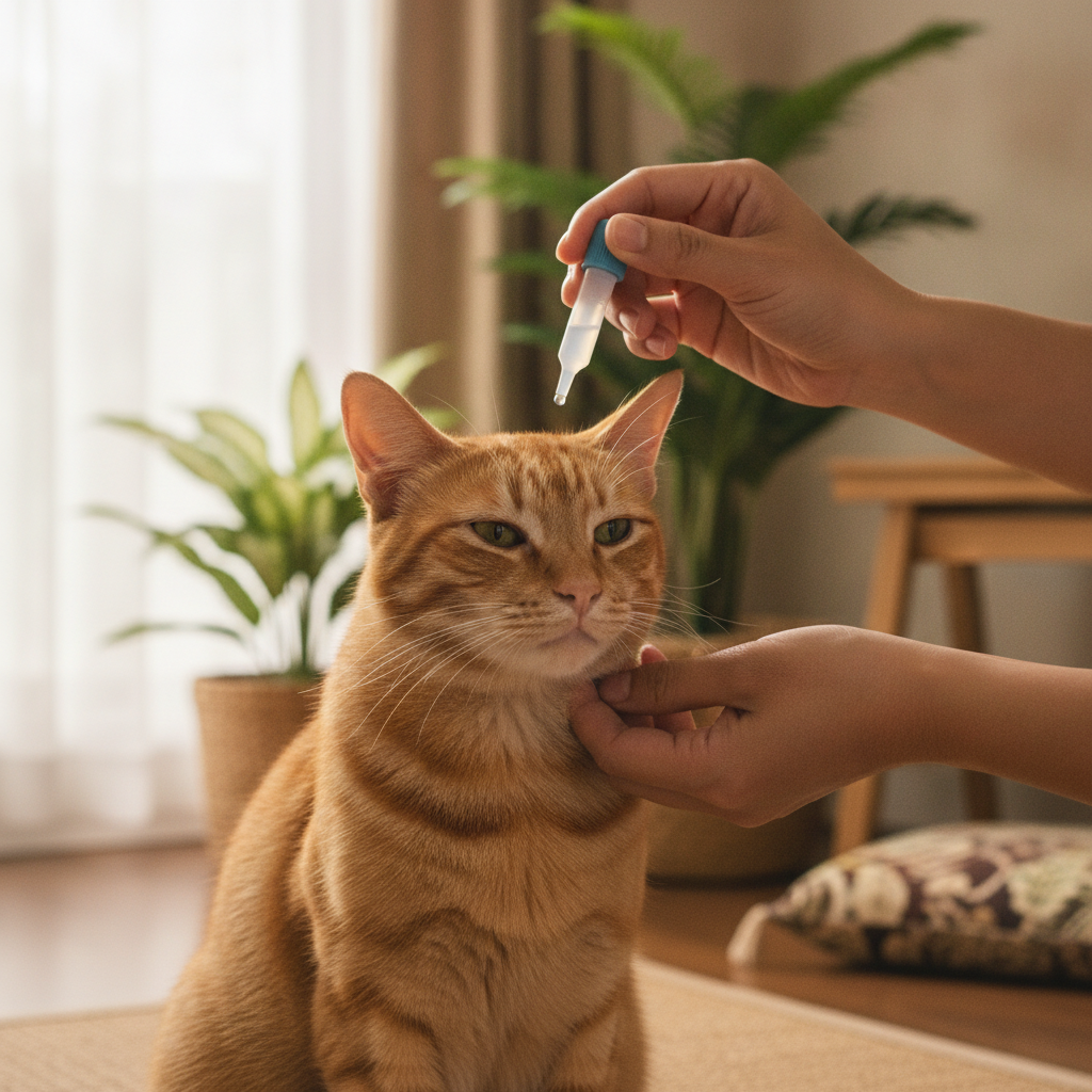 主人将外用跳蚤蜱虫预防滴剂涂抹在猫咪颈后
