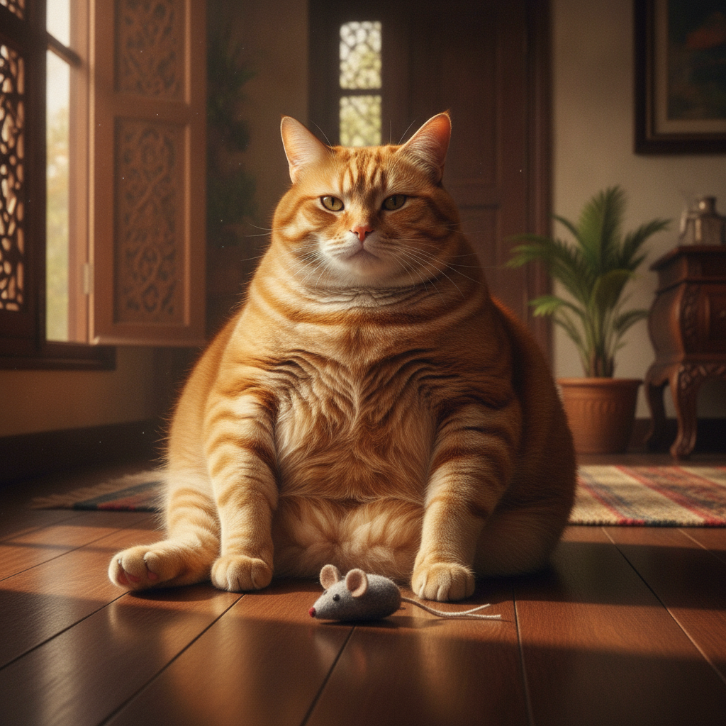 Seekor kucing chonky yang besar duduk megah di sebelah mainan tikus yang kecil