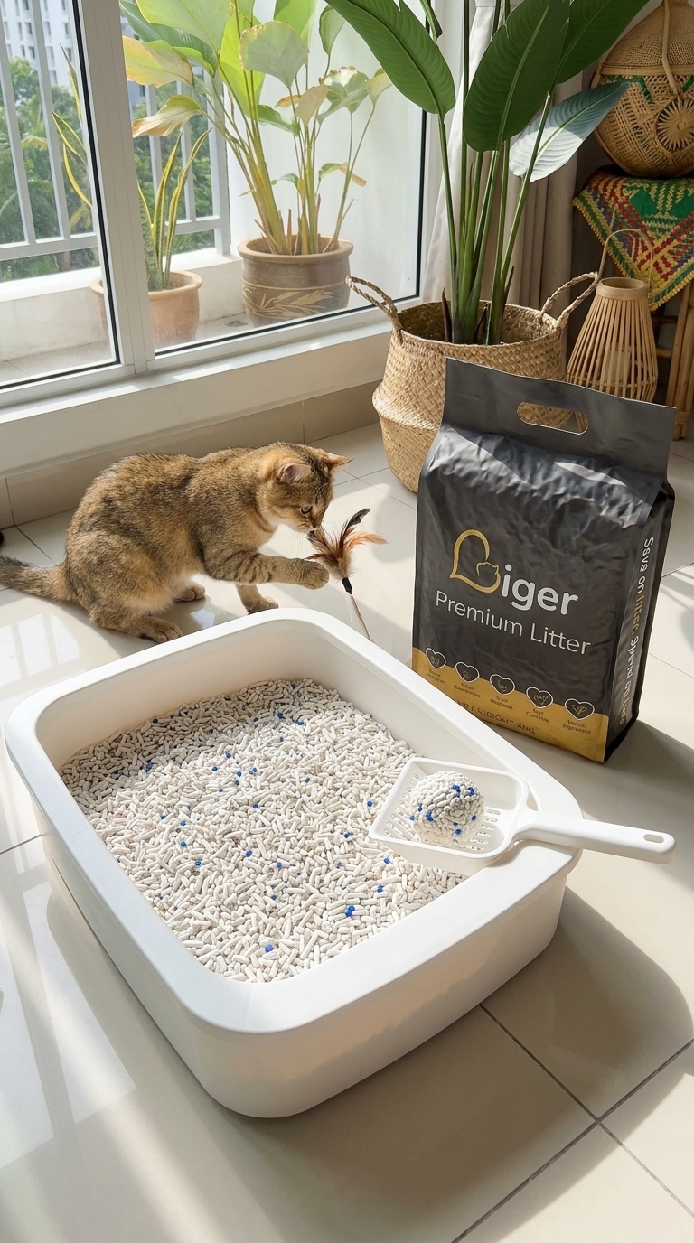 Kotak pasir yang bersih dengan sebeg pasir kucing tauhu Liger di sebelahnya