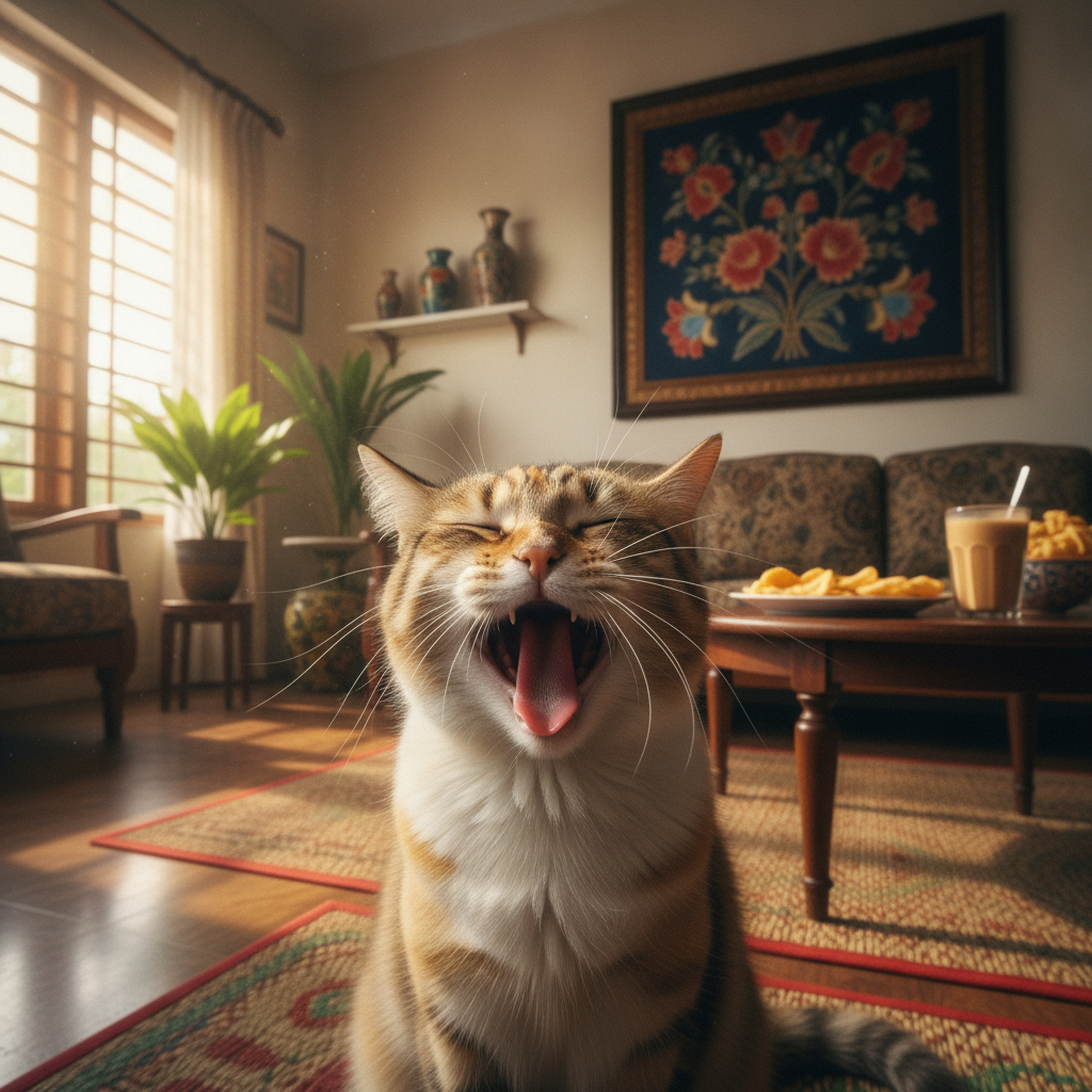 Seekor kucing sedang menguap luas seolah-olah sedang menyanyi