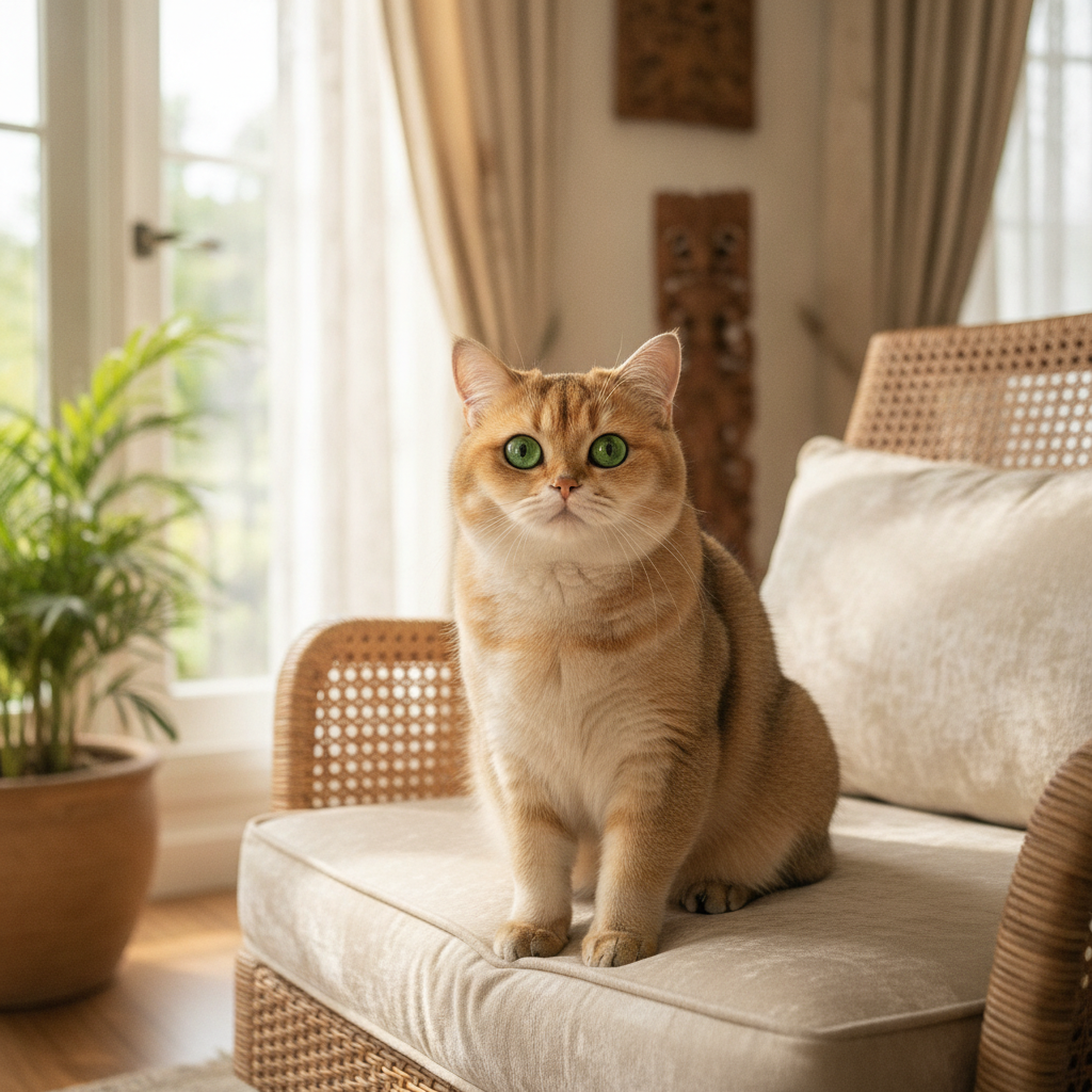 Seekor Golden British Shorthair berbulu madu dengan mata hijau di atas kusyen di rumah Malaysia