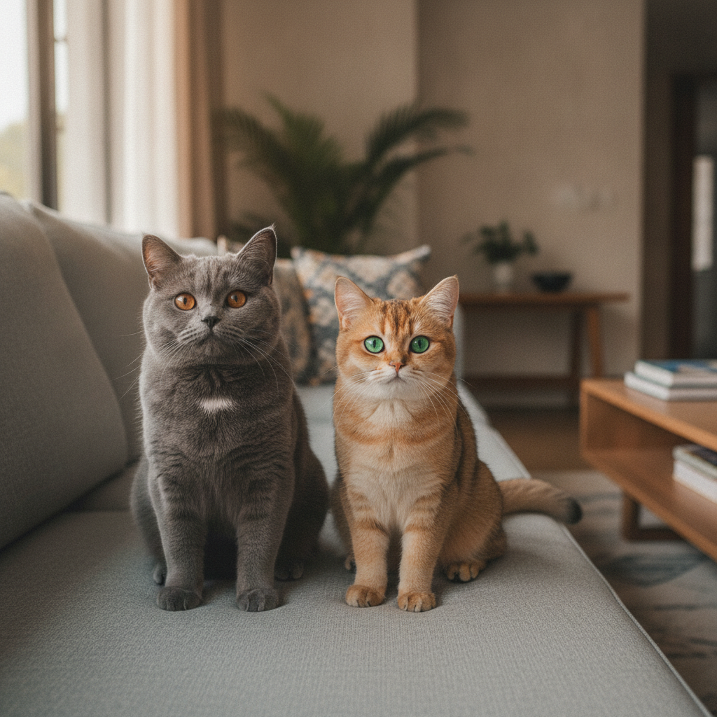 Seekor British Shorthair biru bersebelahan dengan British Shorthair golden menunjukkan perbezaan warna