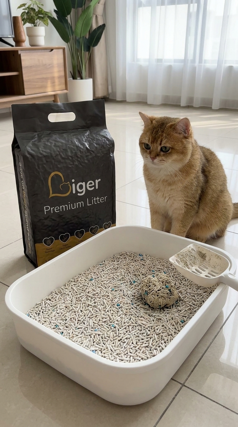 Pek Liger Premium Tofu Cat Litter bersebelahan dulang pasir dengan seekor Golden British Shorthair berdekatan