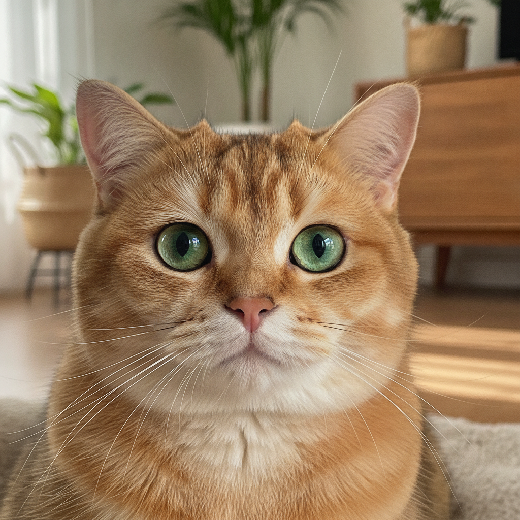Gambaran dekat bulu bertipping madu dan mata hijau seekor Golden British Shorthair