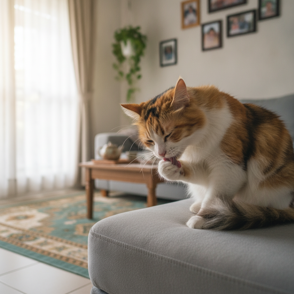 A long-haired cat grooming itself by licking its paw on a sofa