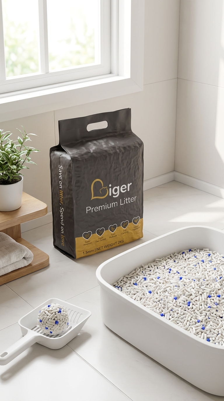 A Liger tofu cat litter pouch beside a clean litter tray for monitoring hairball passage