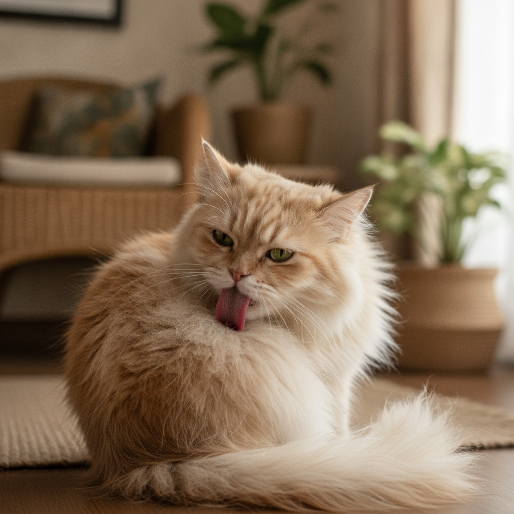 A long-haired cat grooming its own fur, showing how loose hair is swallowed