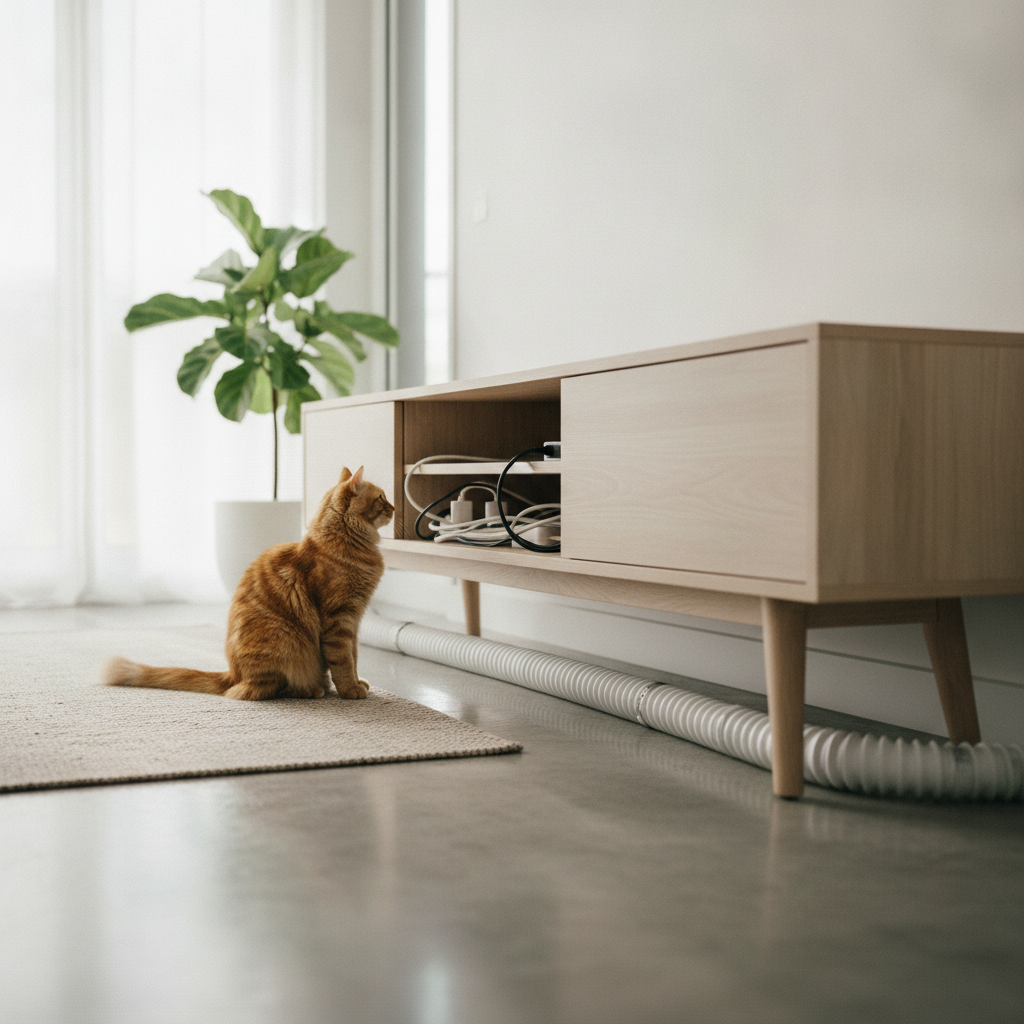 Wayar elektrik diikat kemas dalam pelindung wayar supaya tidak dapat dicapai oleh kucing