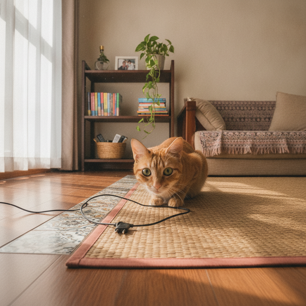 Seekor kucing yang ingin tahu memerhatikan wayar pengecas telefon di lantai ruang tamu rumah Malaysia