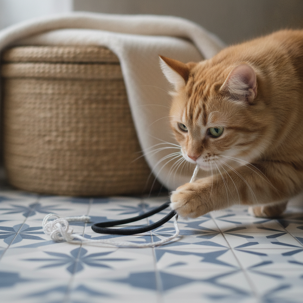Seekor kucing menepuk ikat rambut dan benang di lantai, bahaya tersembunyi yang biasa di rumah