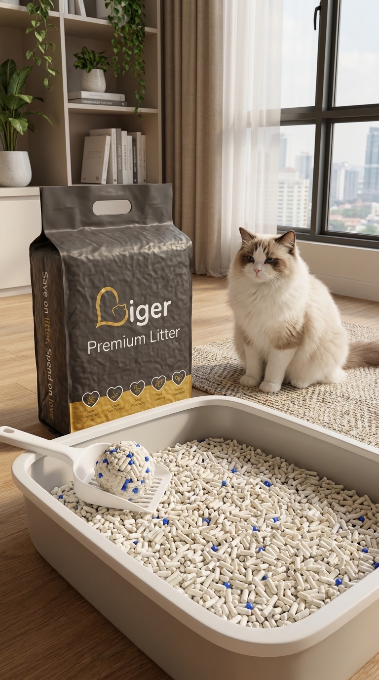 Persediaan kotak pasir yang bersih dengan pek Liger Premium Litter di rumah Malaysia yang selamat