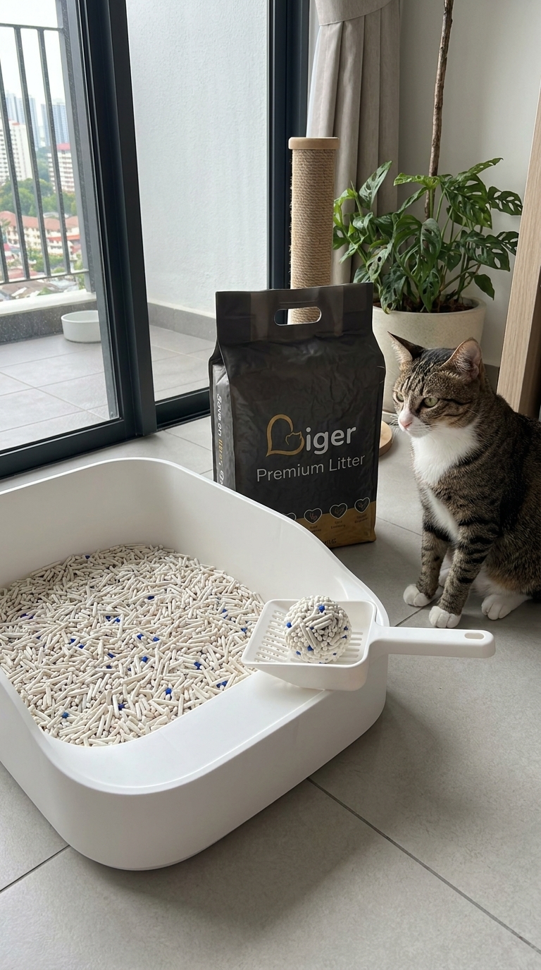 A clean indoor litter setup with a Liger Premium Litter pack in a Malaysian condo