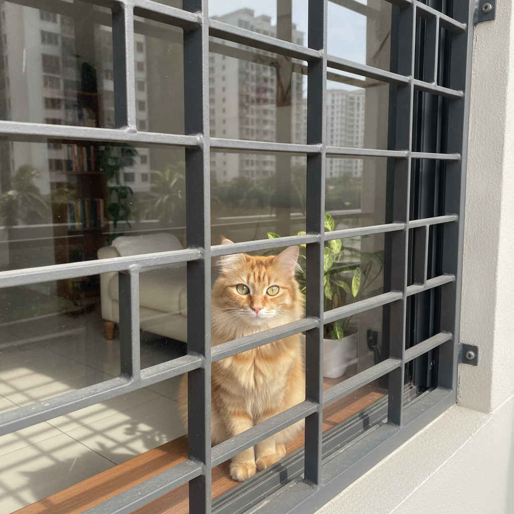 A cat looking out through a closed steel security grille on a condo window