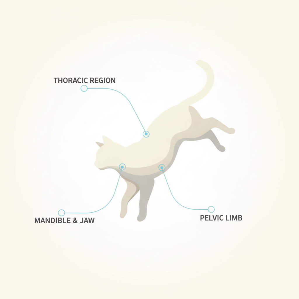 Diagram showing the three common injury areas in feline high-rise syndrome: chest, jaw and legs