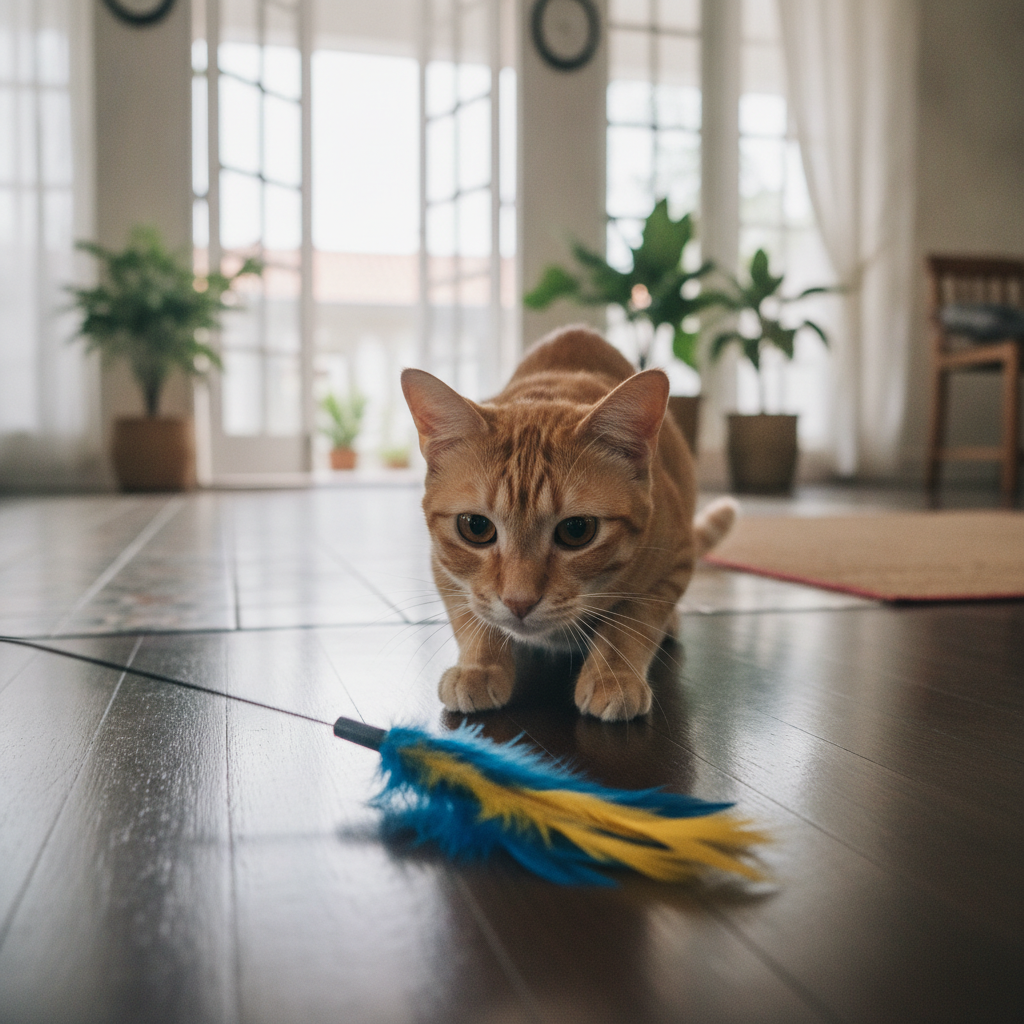 Seekor kucing memfokus pada mainan bulu berwarna biru dan kuning