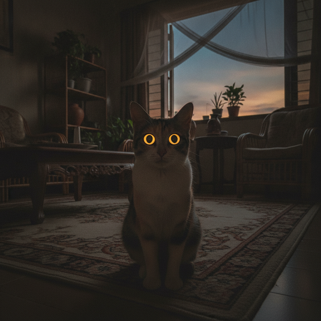 Seekor kucing dalam cahaya malap dengan mata bercahaya dan anak mata melebar