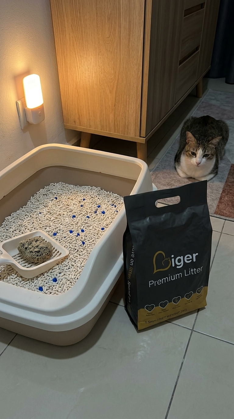 Kotak pasir di sudut yang disinari cahaya lembut dengan sebeg pasir kucing tofu Liger