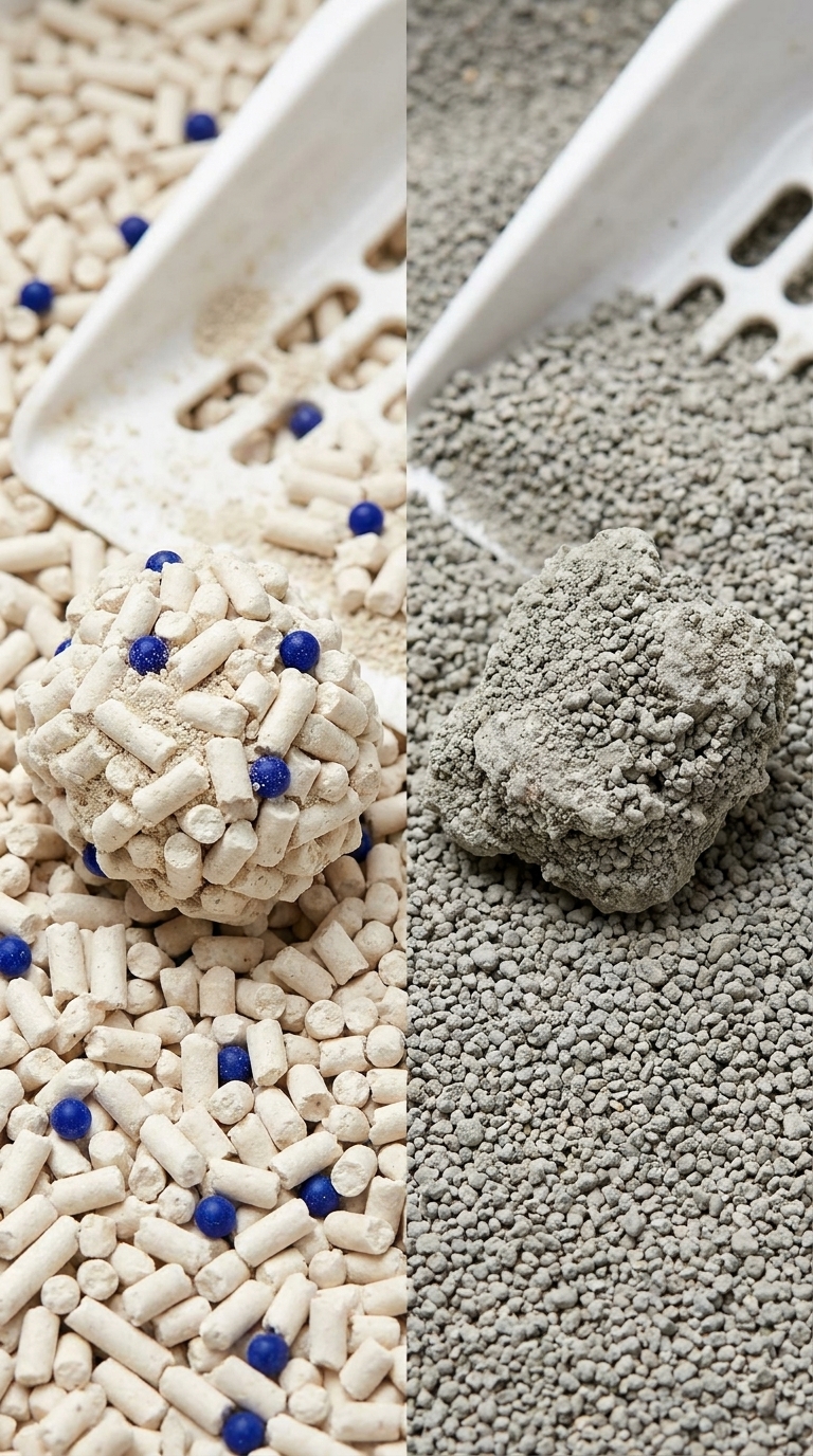 A firm clump on top of off-white tofu litter pellets showing surface clumping