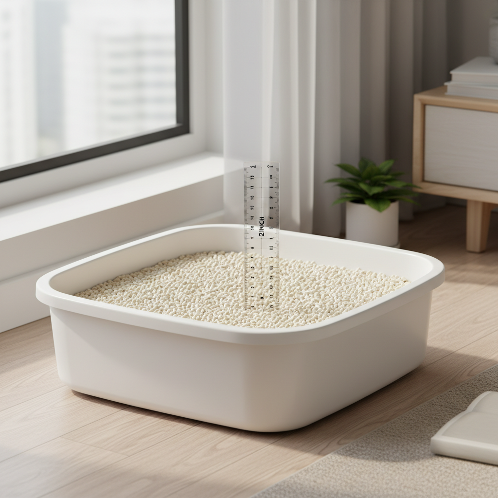 Litter box filled with tofu pellets to a measured 2-inch depth with a ruler